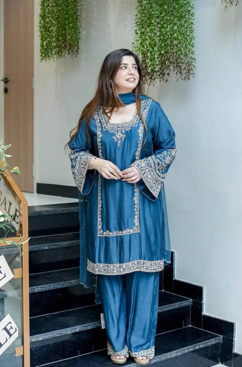 Designer German Chiffon Embroidered Palazzo Suit Set