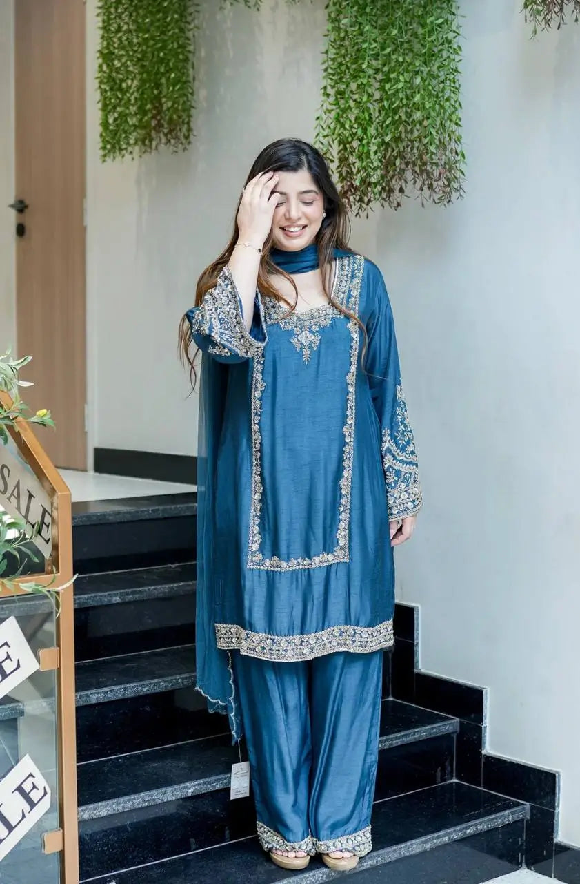 Designer German Chiffon Embroidered Palazzo Suit Set