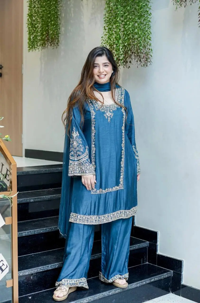 Designer German Chiffon Embroidered Palazzo Suit Set