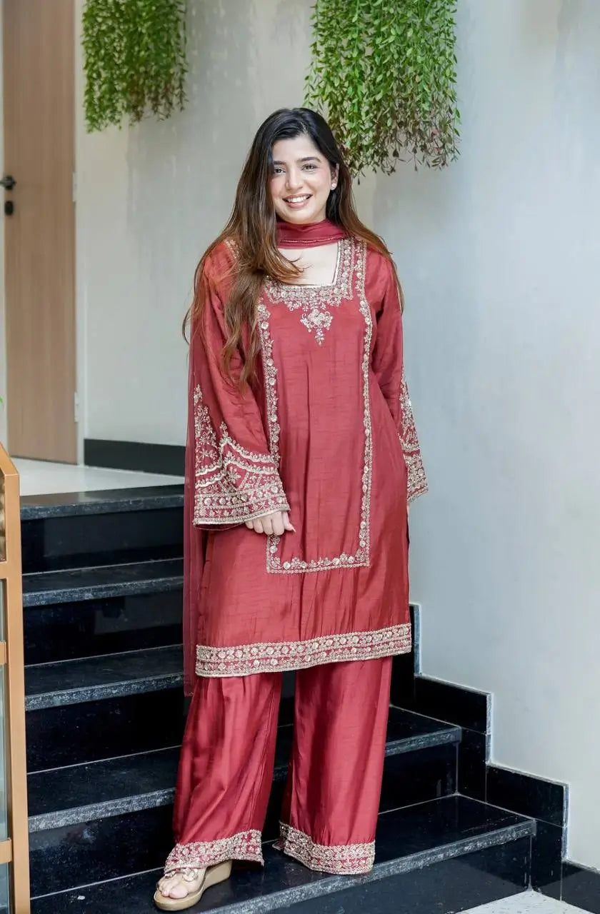 Designer German Chiffon Embroidered Palazzo Suit Set