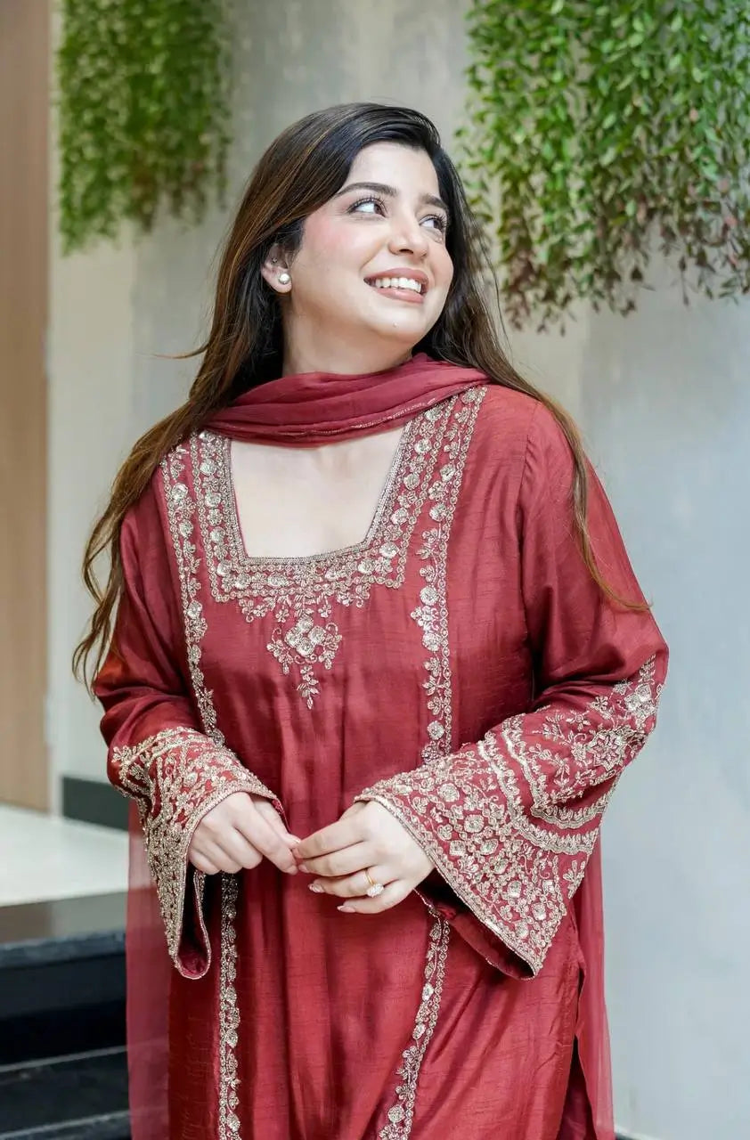Designer German Chiffon Embroidered Palazzo Suit Set
