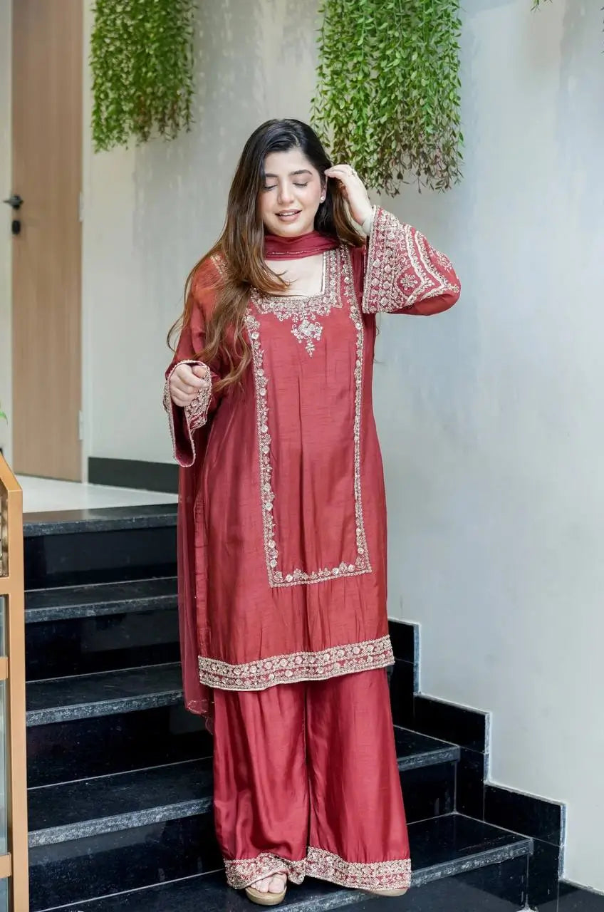 Designer German Chiffon Embroidered Palazzo Suit Set