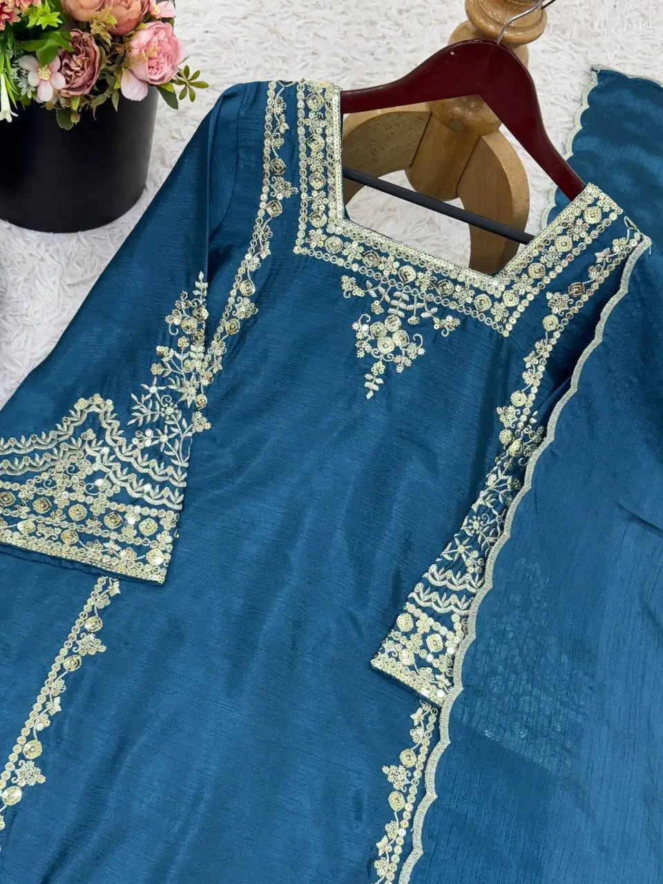 Designer German Chiffon Embroidered Palazzo Suit Set