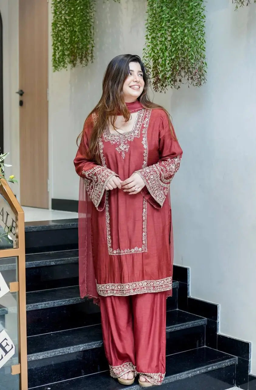 Designer German Chiffon Embroidered Palazzo Suit Set