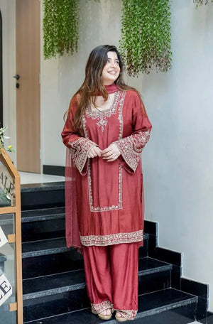 Designer German Chiffon Embroidered Palazzo Suit Set