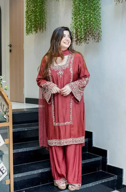 Designer German Chiffon Embroidered Palazzo Suit Set