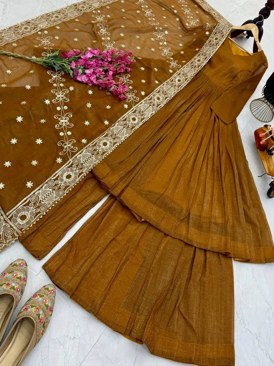 Designer Gold Crazy Embroidered Sharara Set with Dupatta | Fully Stitched