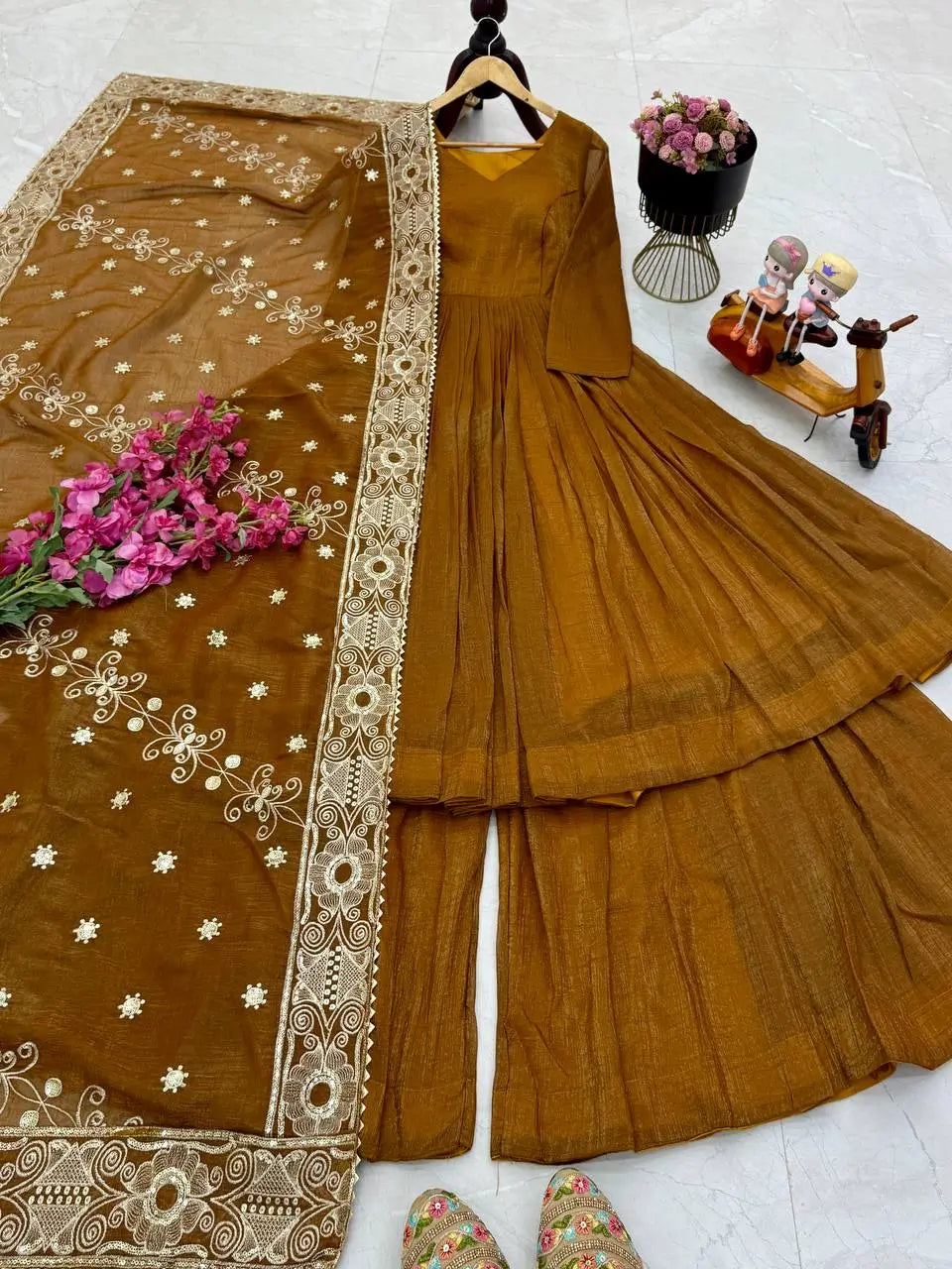 Designer Gold Crazy Embroidered Sharara Set with Dupatta | Fully Stitched