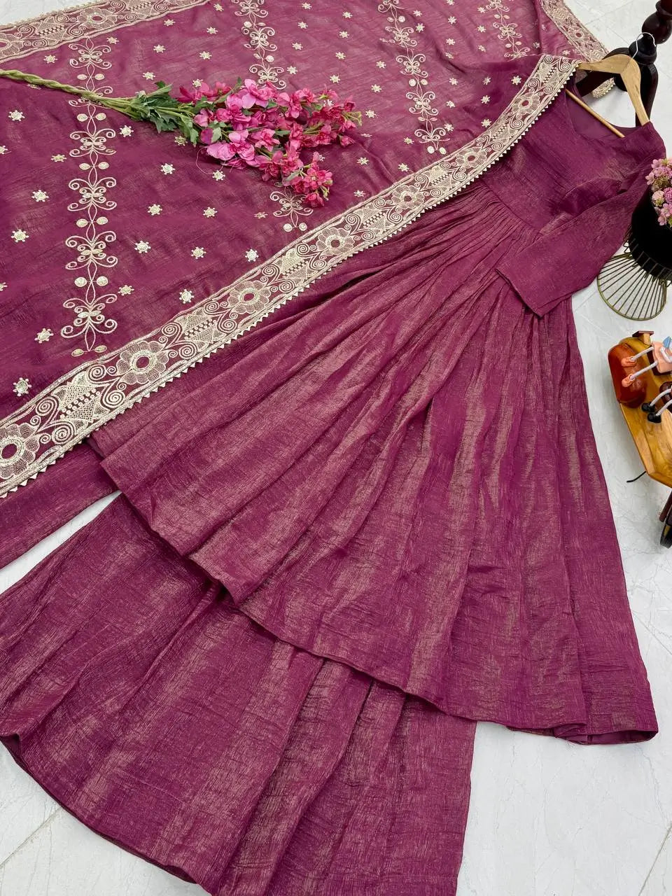Designer Gold Crazy Embroidered Sharara Set with Dupatta | Fully Stitched