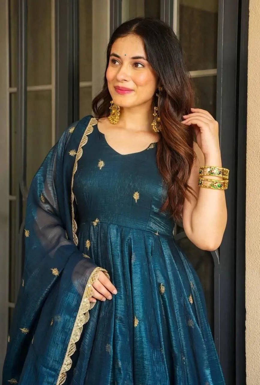 Designer Gold Crazy Fabric Anarkali with Embroidery Sequins Work | Sharara & Dupatta Set | Fully Stitched