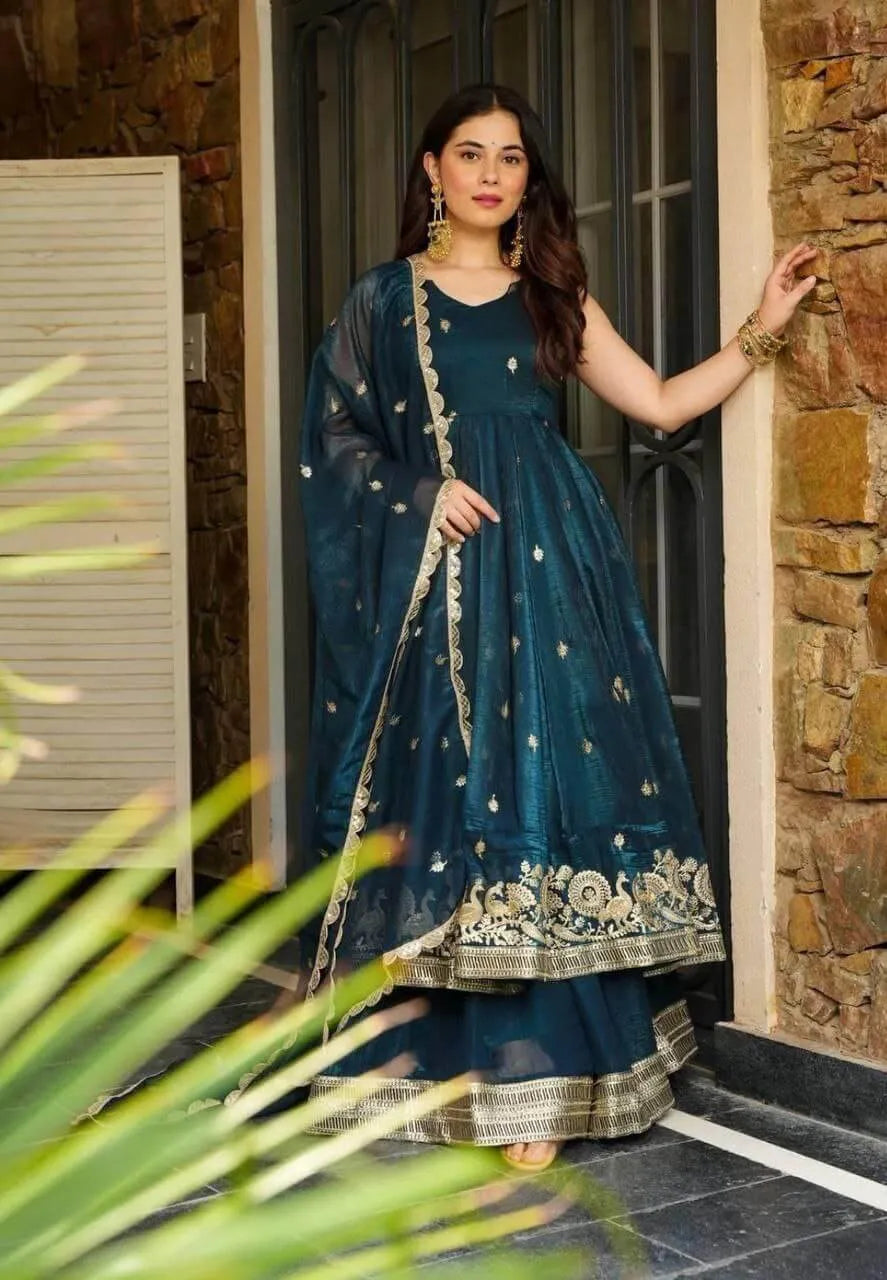 Designer Gold Crazy Fabric Anarkali with Embroidery Sequins Work | Sharara & Dupatta Set | Fully Stitched