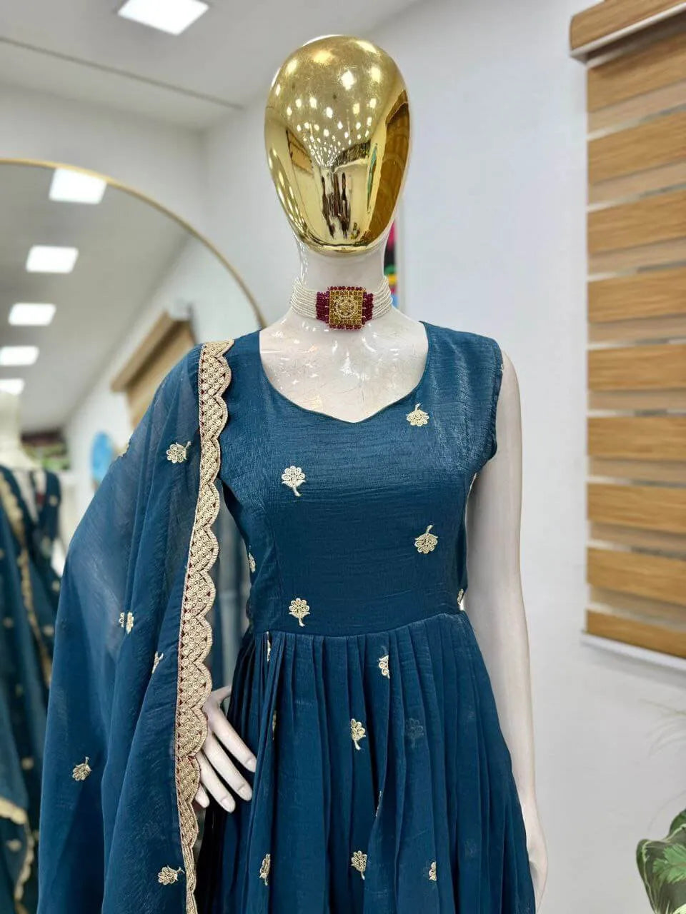 Designer Gold Crazy Fabric Anarkali with Embroidery Sequins Work | Sharara & Dupatta Set | Fully Stitched