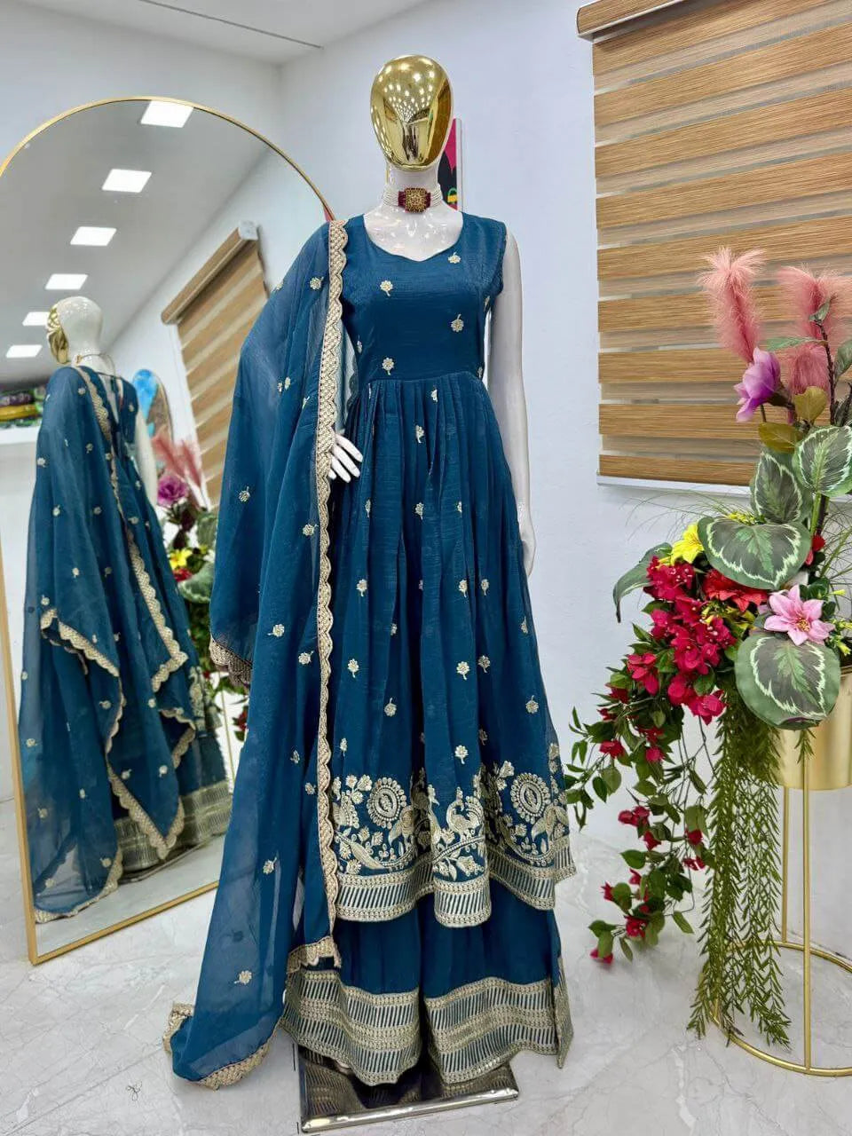 Designer Gold Crazy Fabric Anarkali with Embroidery Sequins Work | Sharara & Dupatta Set | Fully Stitched