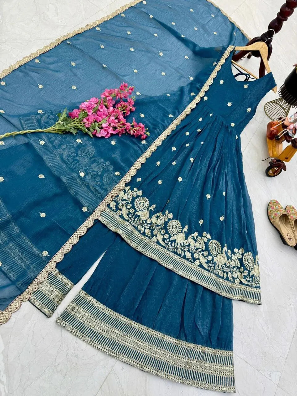 Designer Gold Crazy Fabric Anarkali with Embroidery Sequins Work | Sharara & Dupatta Set | Fully Stitched