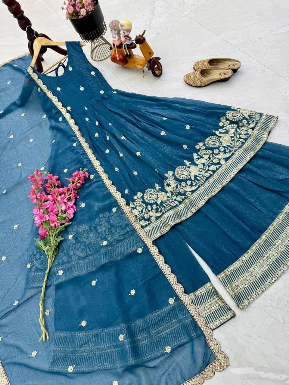 Designer Gold Crazy Fabric Anarkali with Embroidery Sequins Work | Sharara & Dupatta Set | Fully Stitched