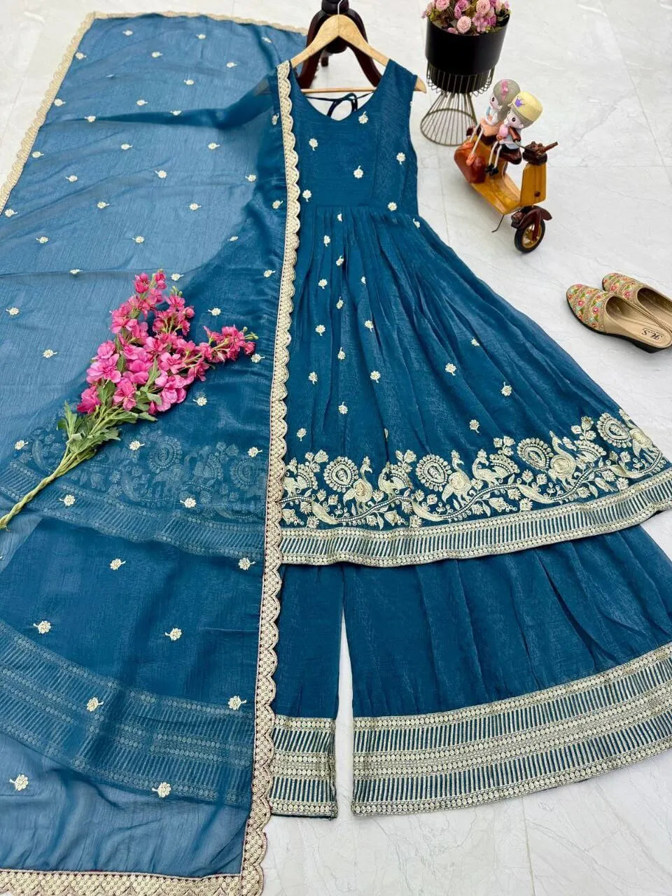 Designer Gold Crazy Fabric Anarkali with Embroidery Sequins Work | Sharara & Dupatta Set | Fully Stitched