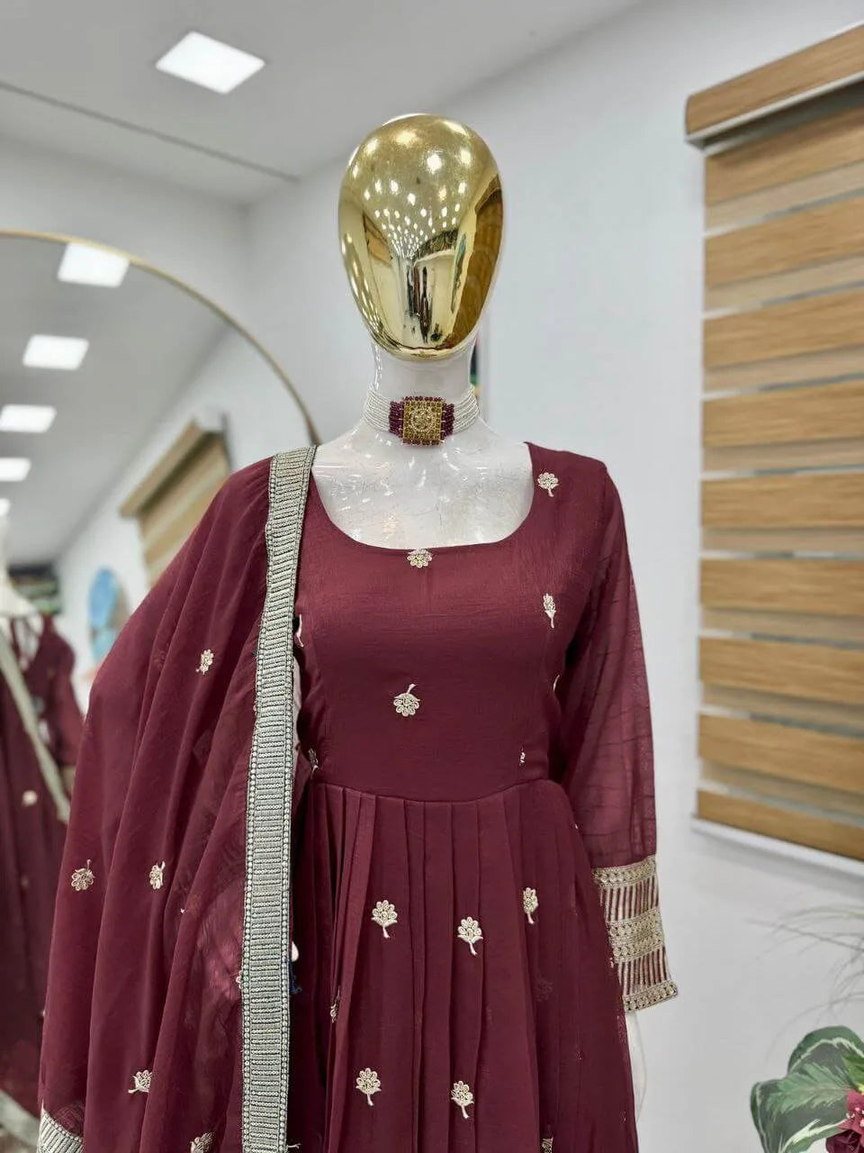 Designer Gold Crazy Fabric Anarkali with Embroidery Sequins Work | Sharara & Dupatta Set | Fully Stitched