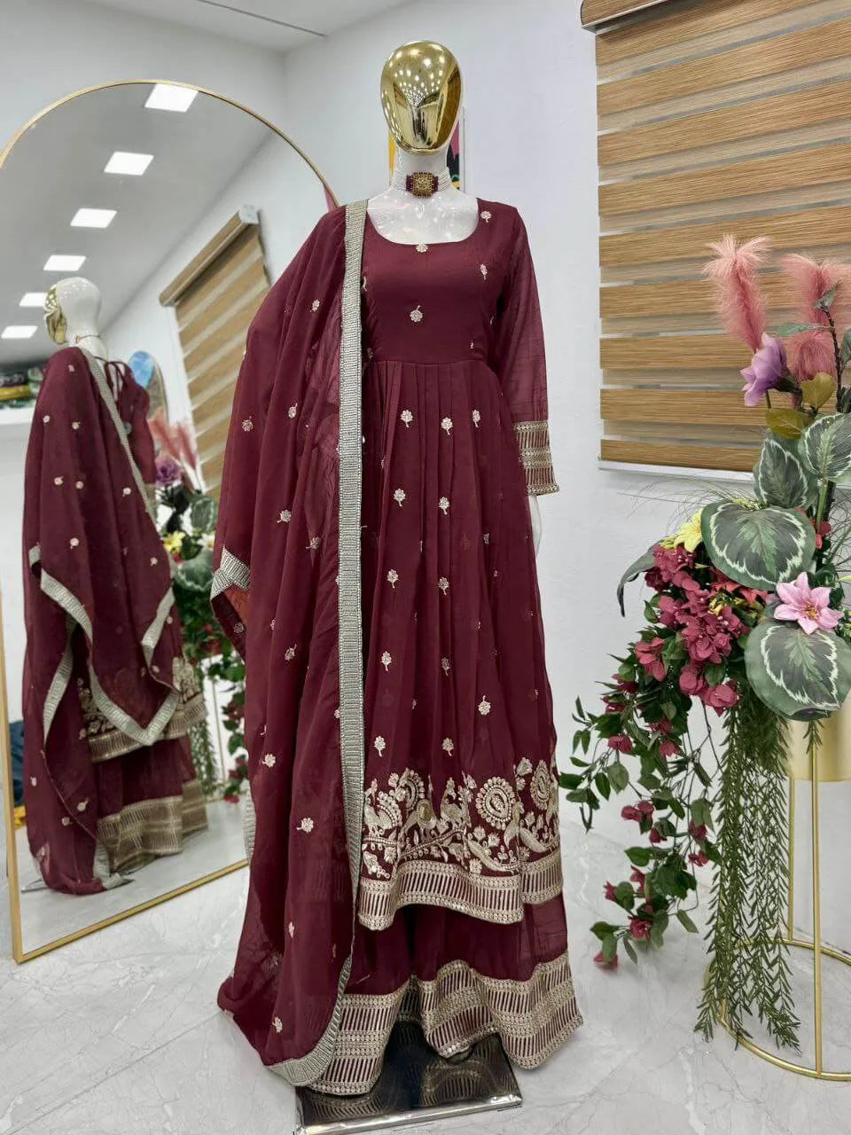 Designer Gold Crazy Fabric Anarkali with Embroidery Sequins Work | Sharara & Dupatta Set | Fully Stitched