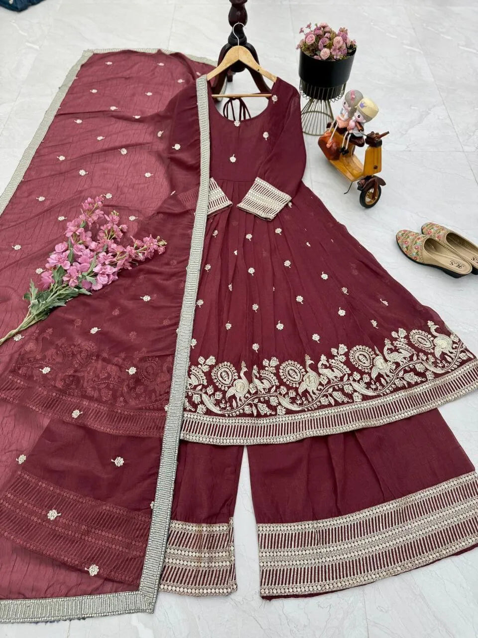 Designer Gold Crazy Fabric Anarkali with Embroidery Sequins Work | Sharara & Dupatta Set | Fully Stitched