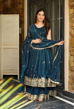 Designer Gold Crazy Fabric Anarkali with Embroidery Sequins Work | Sharara & Dupatta Set | Fully Stitched