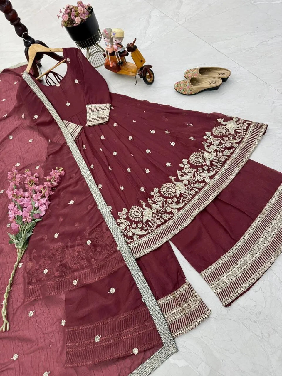 Designer Gold Crazy Fabric Anarkali with Embroidery Sequins Work | Sharara & Dupatta Set | Fully Stitched