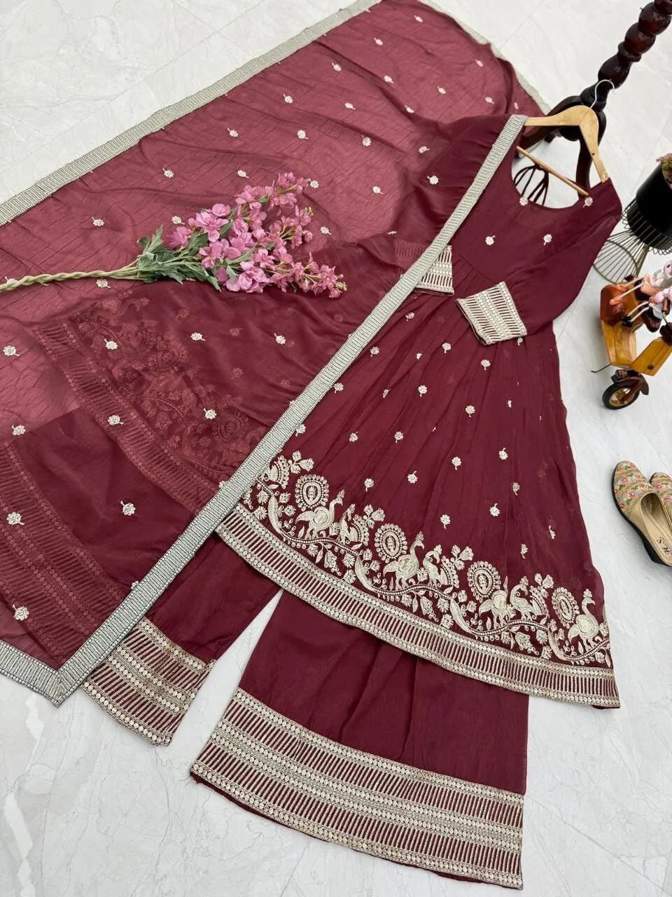 Designer Gold Crazy Fabric Anarkali with Embroidery Sequins Work | Sharara & Dupatta Set | Fully Stitched