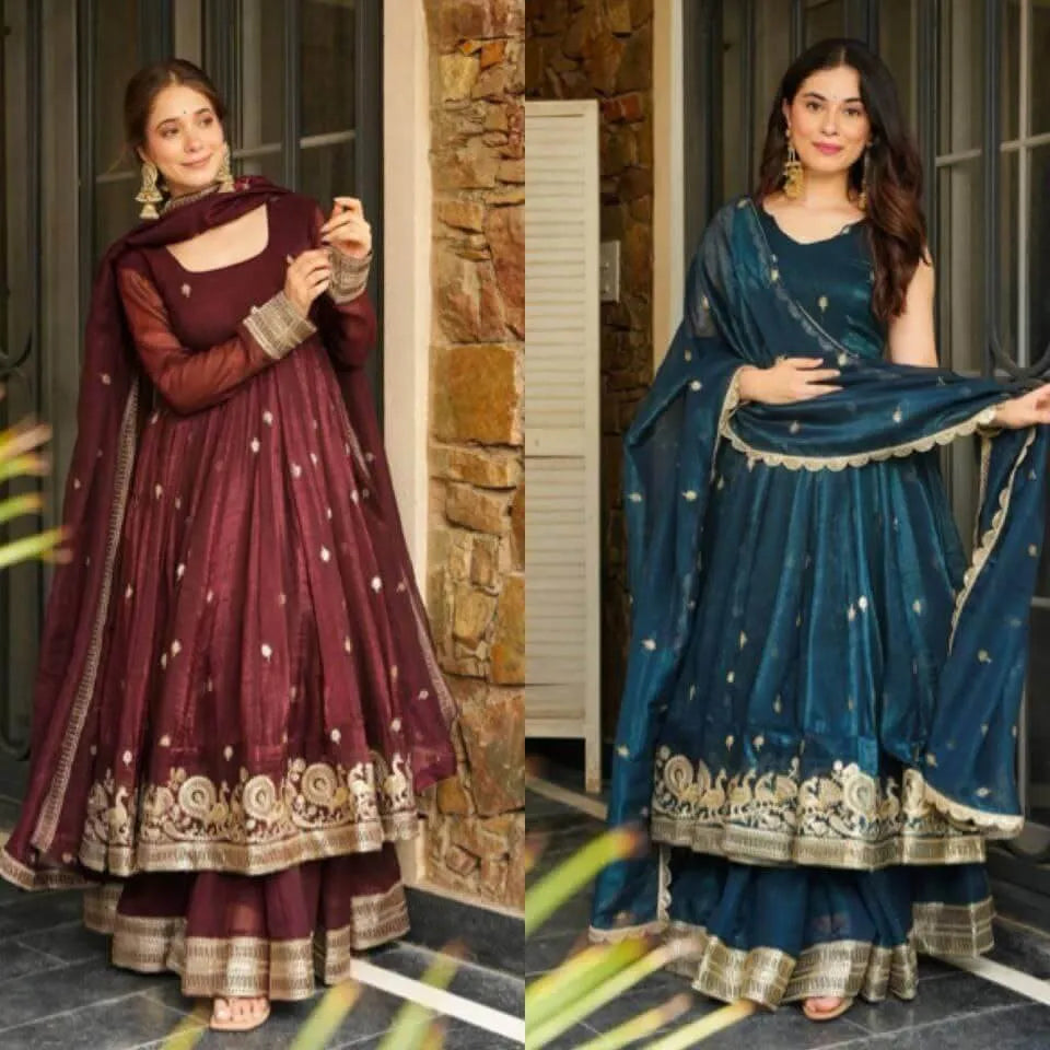 Designer Gold Crazy Fabric Anarkali with Embroidery Sequins Work | Sharara & Dupatta Set | Fully Stitched