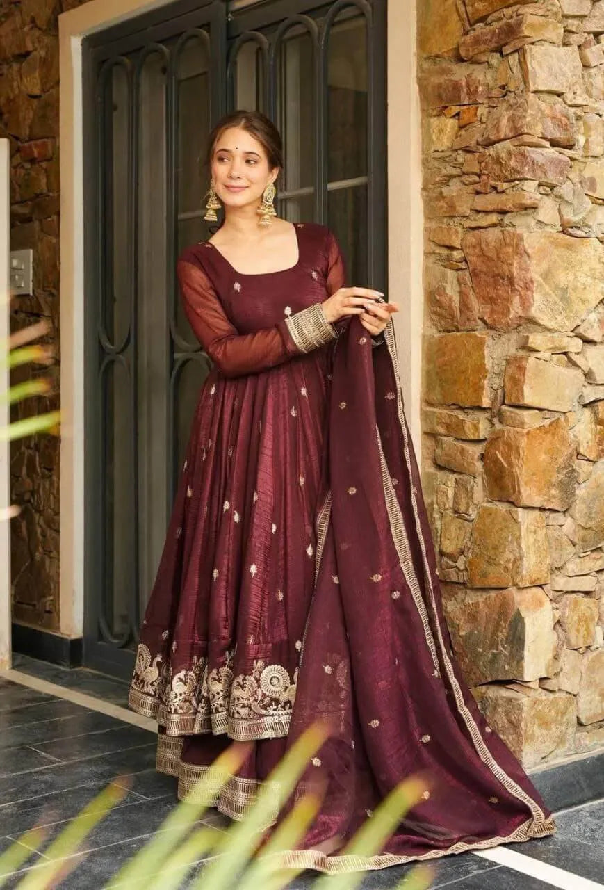 Designer Gold Crazy Fabric Anarkali with Embroidery Sequins Work | Sharara & Dupatta Set | Fully Stitched