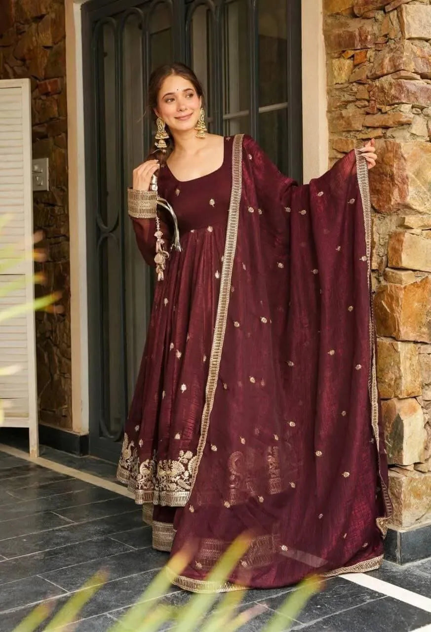 Designer Gold Crazy Fabric Anarkali with Embroidery Sequins Work | Sharara & Dupatta Set | Fully Stitched