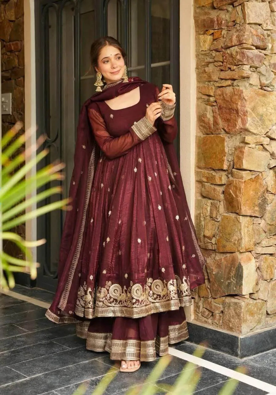 Designer Gold Crazy Fabric Anarkali with Embroidery Sequins Work | Sharara & Dupatta Set | Fully Stitched