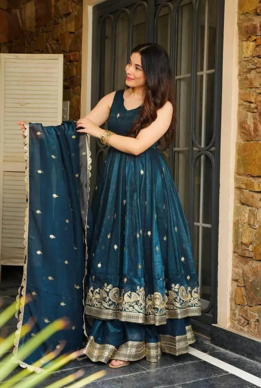 Designer Gold Crazy Fabric Anarkali with Embroidery Sequins Work | Sharara & Dupatta Set | Fully Stitched