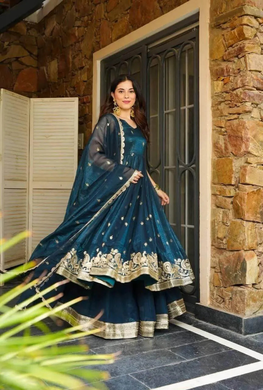 Designer Gold Crazy Fabric Anarkali with Embroidery Sequins Work | Sharara & Dupatta Set | Fully Stitched