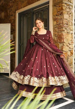 Designer Gold Crazy Fabric Anarkali with Embroidery Sequins Work | Sharara & Dupatta Set | Fully Stitched