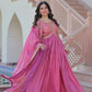 Designer Gold-Crush Embroidered Gown with Sequins & Multi-Work | Party Wear Gown with Dupatta – Green & Pink