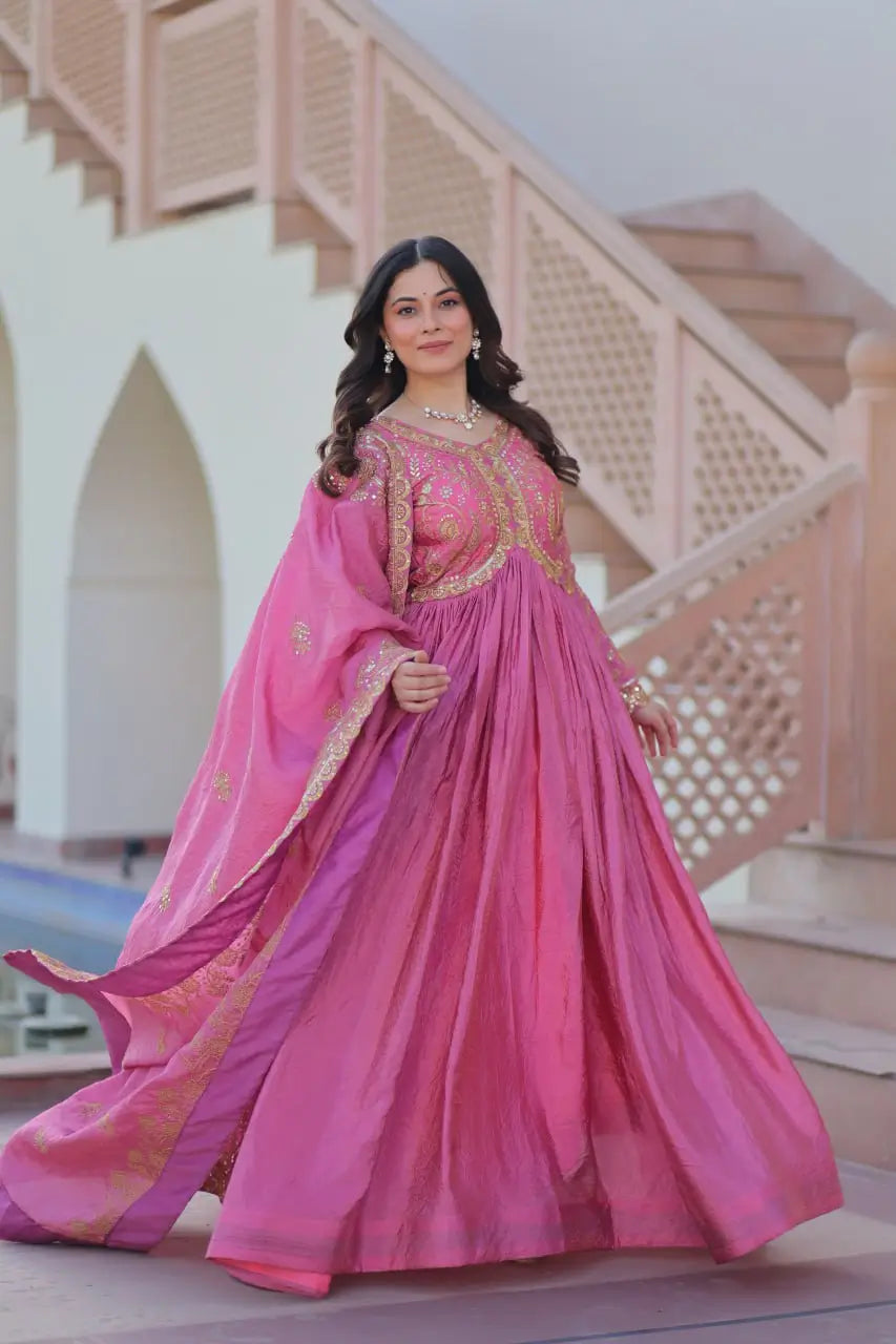 Designer Gold-Crush Embroidered Gown with Sequins & Multi-Work | Party Wear Gown with Dupatta – Green & Pink
