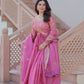 Designer Gold-Crush Embroidered Gown with Sequins & Multi-Work | Party Wear Gown with Dupatta – Green & Pink