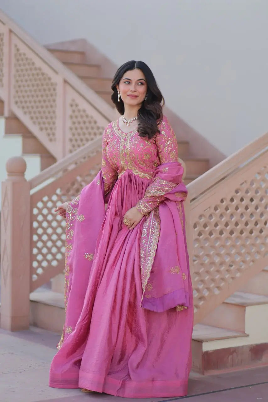 Designer Gold-Crush Embroidered Gown with Sequins & Multi-Work | Party Wear Gown with Dupatta – Green & Pink