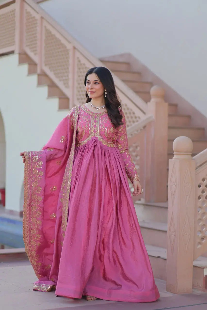 Designer Gold-Crush Embroidered Gown with Sequins & Multi-Work | Party Wear Gown with Dupatta – Green & Pink