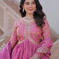 Designer Gold-Crush Embroidered Gown with Sequins & Multi-Work | Party Wear Gown with Dupatta – Green & Pink