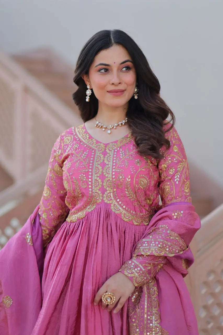 Designer Gold-Crush Embroidered Gown with Sequins & Multi-Work | Party Wear Gown with Dupatta – Green & Pink
