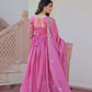 Designer Gold-Crush Embroidered Gown with Sequins & Multi-Work | Party Wear Gown with Dupatta – Green & Pink