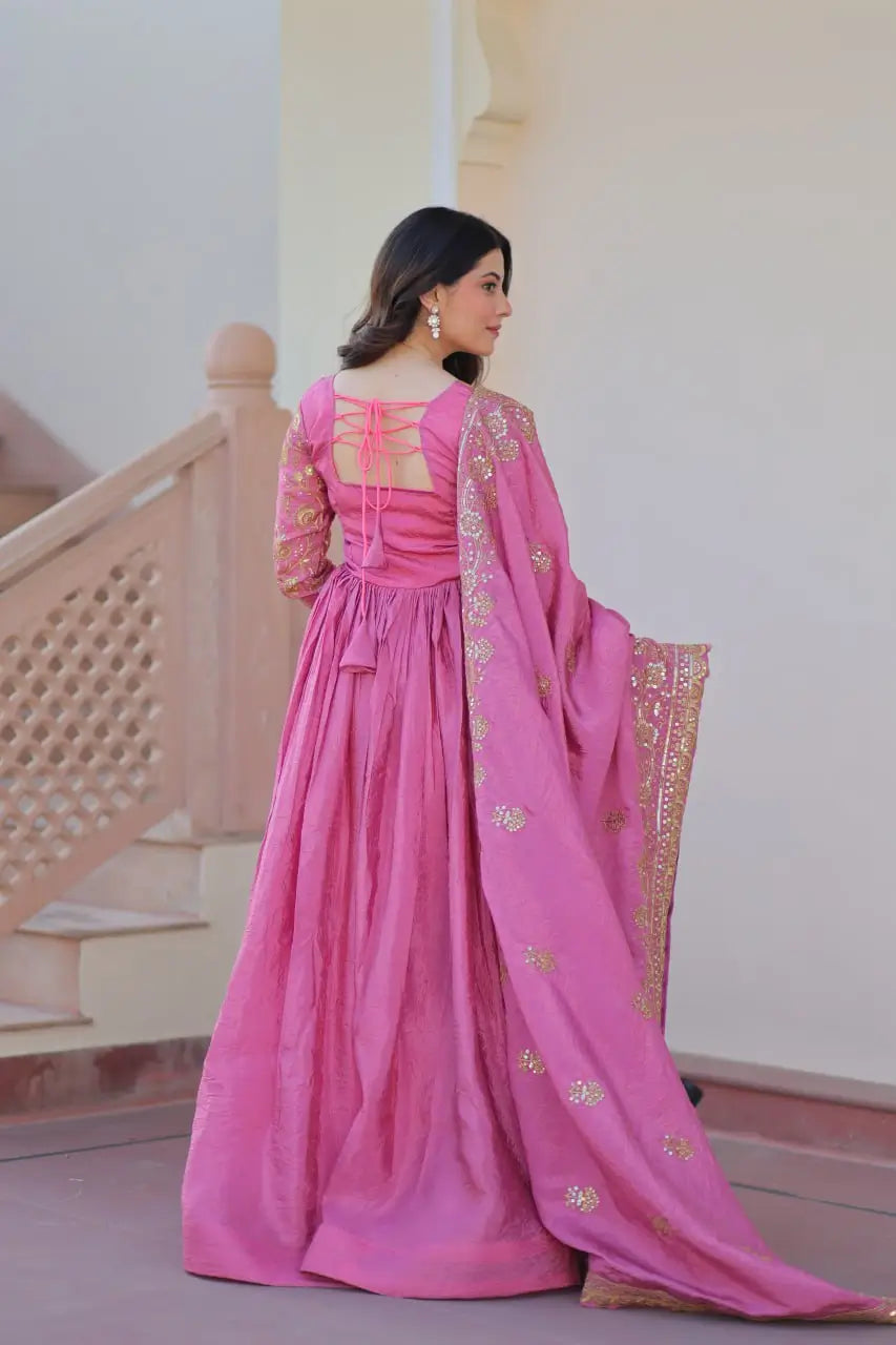 Designer Gold-Crush Embroidered Gown with Sequins & Multi-Work | Party Wear Gown with Dupatta – Green & Pink