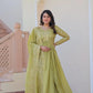 Designer Gold-Crush Embroidered Gown with Sequins & Multi-Work | Party Wear Gown with Dupatta – Green & Pink