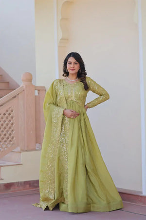 Designer Gold-Crush Embroidered Gown with Sequins & Multi-Work | Party Wear Gown with Dupatta – Green & Pink
