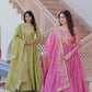 Designer Gold-Crush Embroidered Gown with Sequins & Multi-Work | Party Wear Gown with Dupatta – Green & Pink