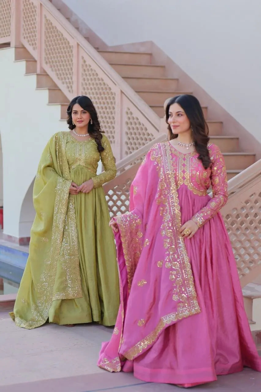 Designer Gold-Crush Embroidered Gown with Sequins & Multi-Work | Party Wear Gown with Dupatta – Green & Pink