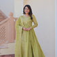 Designer Gold-Crush Embroidered Gown with Sequins & Multi-Work | Party Wear Gown with Dupatta – Green & Pink