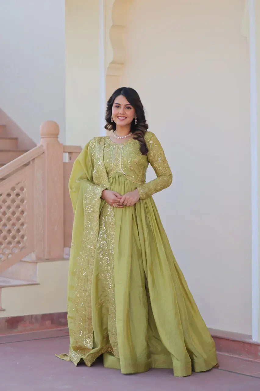 Designer Gold-Crush Embroidered Gown with Sequins & Multi-Work | Party Wear Gown with Dupatta – Green & Pink