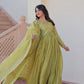 Designer Gold-Crush Embroidered Gown with Sequins & Multi-Work | Party Wear Gown with Dupatta – Green & Pink