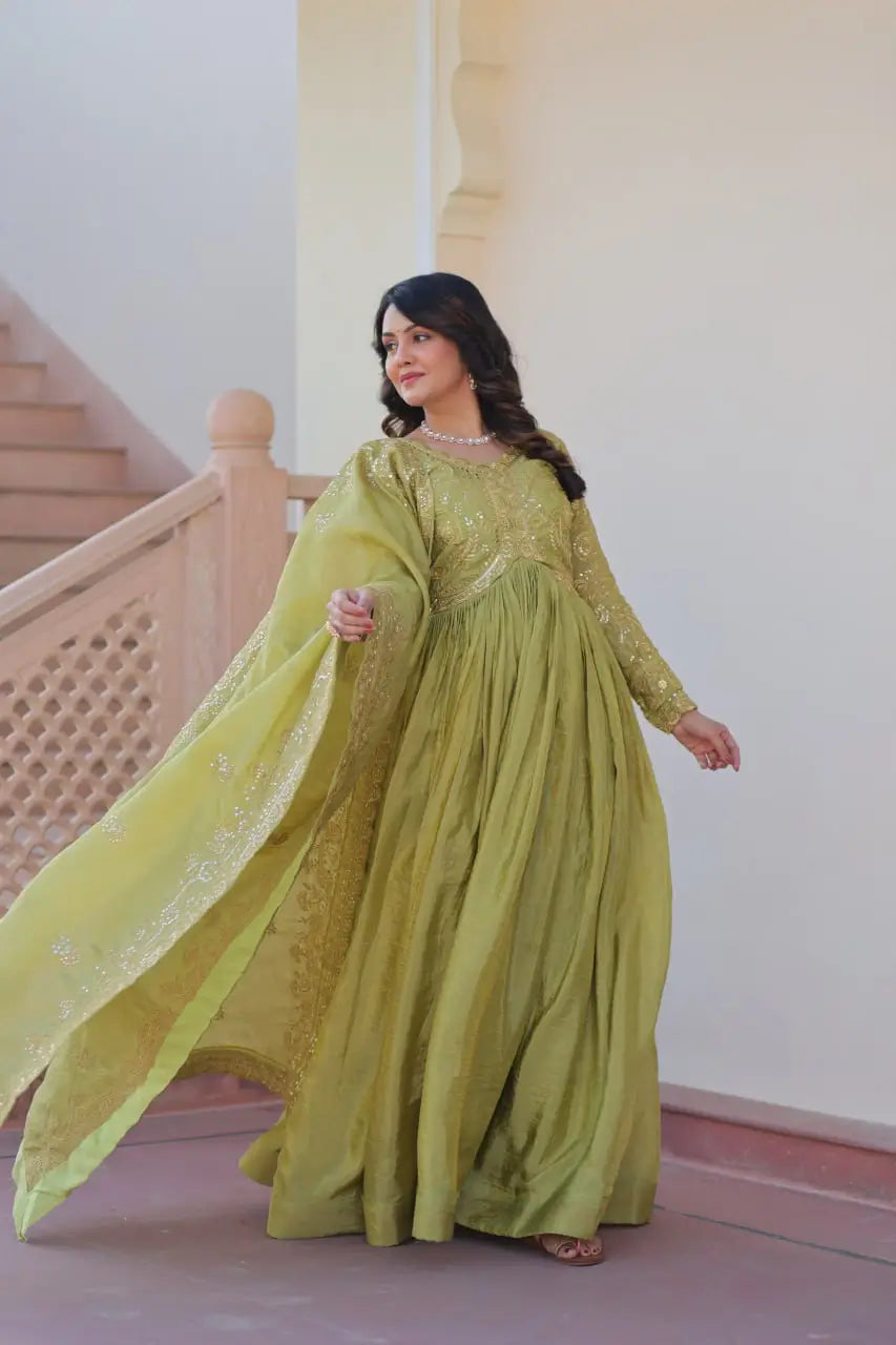 Designer Gold-Crush Embroidered Gown with Sequins & Multi-Work | Party Wear Gown with Dupatta – Green & Pink
